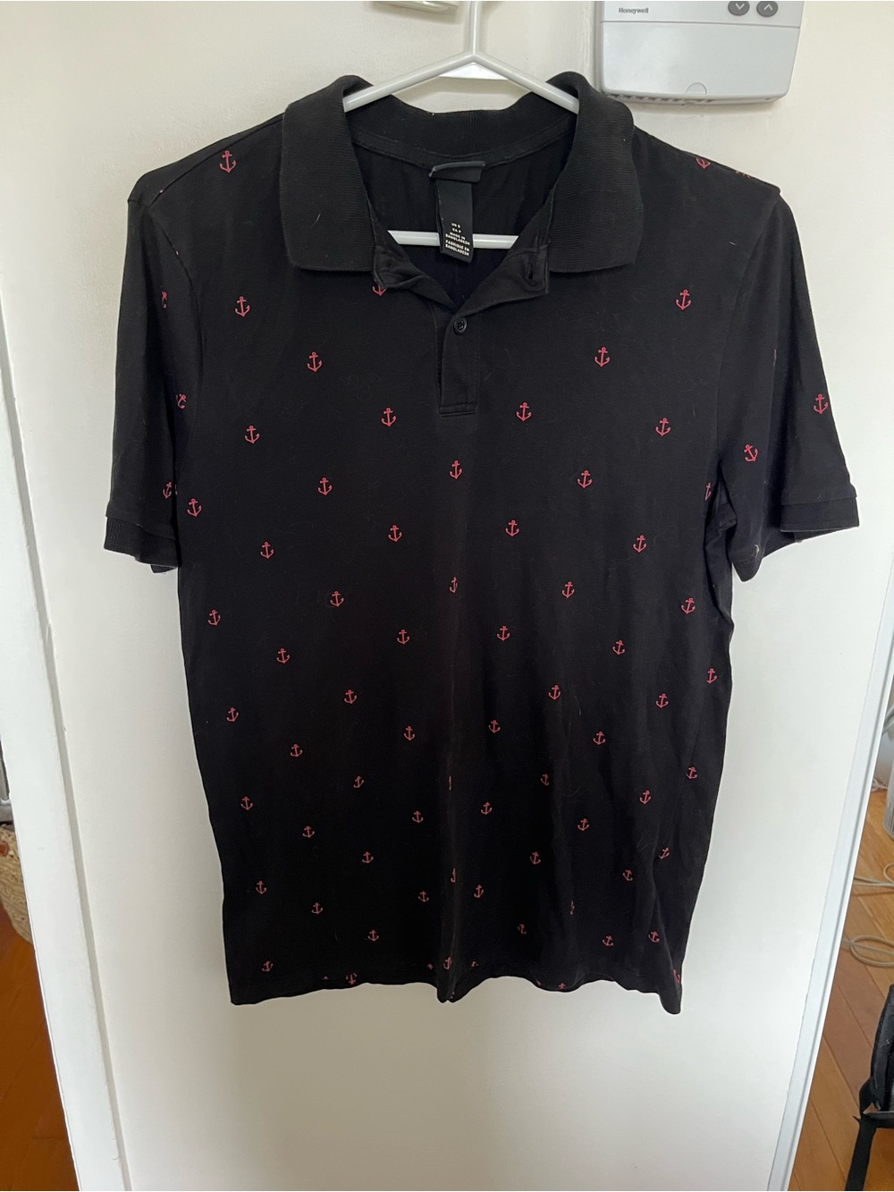 Men's Black Polo Shirt with Red Anchor Motif